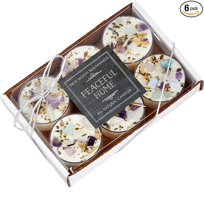 New Moon Beginnings Peaceful Home Candle - Stress Relief - Energy Clearing - All Natural Essential Oil Soy Tealight Candle (Herbal, Minty, Cool, Fresh - Eucalyptus, Mint - 6 Pack)