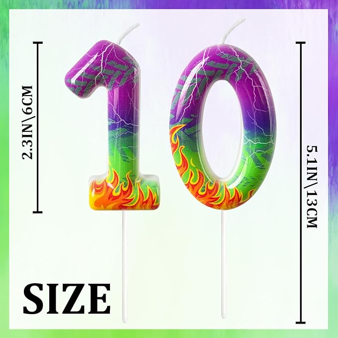 Number 10 Birthday Candle for Cake – Purple Green Flame Design with Lightning & Tire Track Pattern – Off-Road Truck Theme Cake Topper for Birthday Party Decoration
