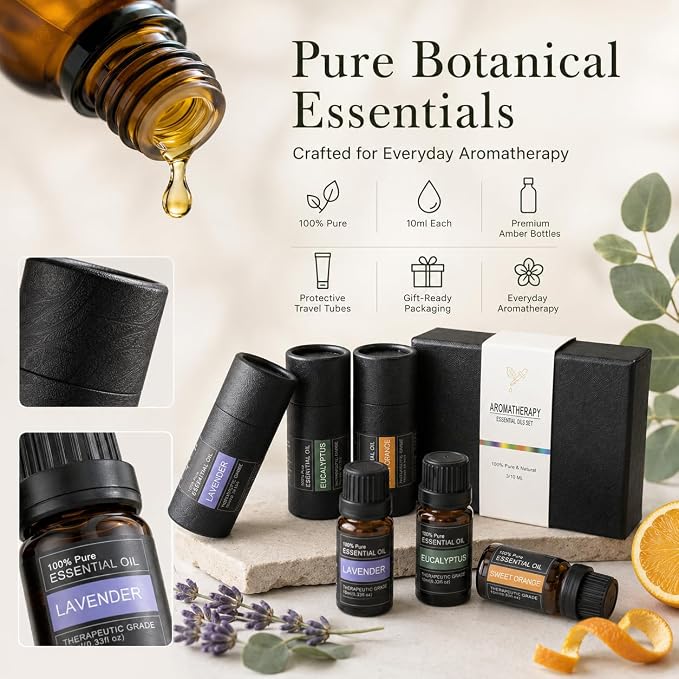 Essential Oils Gift Set - 3 x 10ml Lavender, Eucalyptus & Sweet Orange, 100% Pure Plant-Based Therapy for Car Aromatherapy，Diffusers, Humidifiers, Relaxation & Home Spa - The Serenity Trio