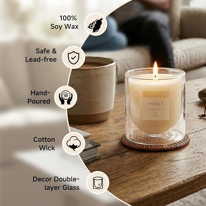 Vanilla Scented Candle for Home Fragrance, Warm Cozy Glass Jar Candle Gifts for Women Girl Friends