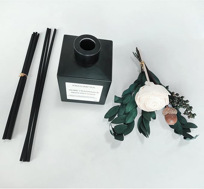 Reed Diffuser Set with Dried Flowers, Jasmine Gardenia Sandalwood Scent, Black Glass Bottle, 5.07fl oz, Aromatherapy Home Fragrance for Bedroom Bathroom (Pure White Gardenia)