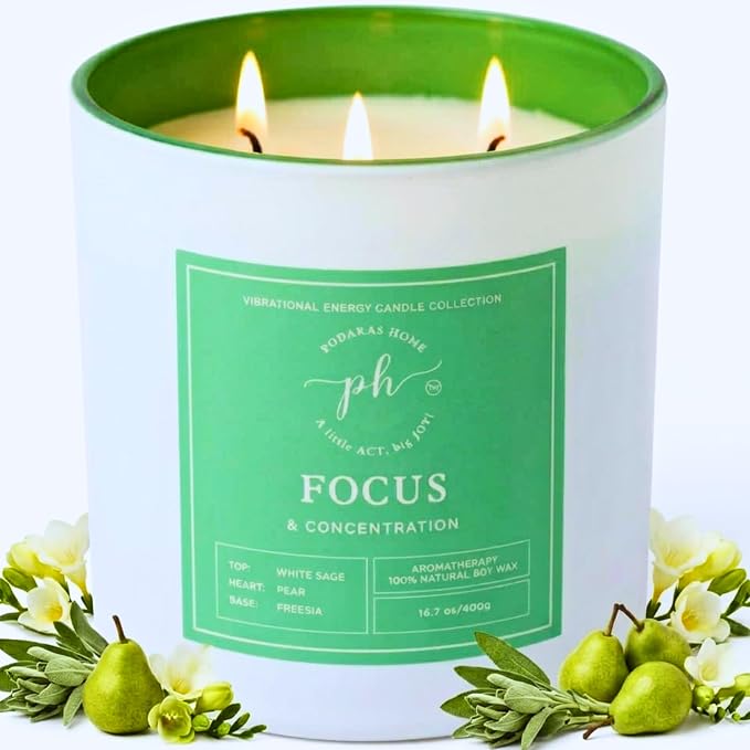 Extra Large Candle – Focus & Concentration | Pear, Sage, and Freesia | Hand Poured Soy Candle | 14.1 oz (400g) 60 Hours Clean | Burn Pure Essential Oils | Mental Clarity & Productivity