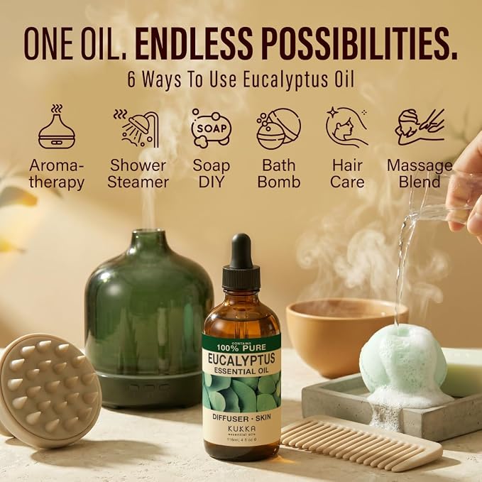 100% Pure Eucalyptus Oil - 4 Fl Oz Eucalyptus Essential Oil for Hair, Skin, Diffuser, Aromatherapy & DIY Soap Making Scent