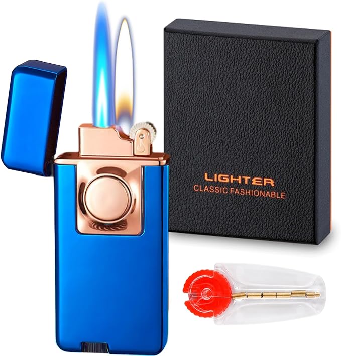 Jet Torch Dual Flame Lighter with 6pcs Flint Stone, Windproof Butane Gas, Adjustable Soft & Jet Flame 2 in 1, Refillable for Outdoor & Indoor - Blue