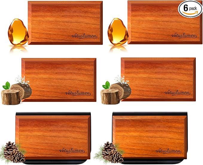 6 Pack Wood Car Air Freshener -3 Scents(Amber-Teak-Pine) Wooden Air Freshener, Natural Essential Oil Scents - Metal Clip Included