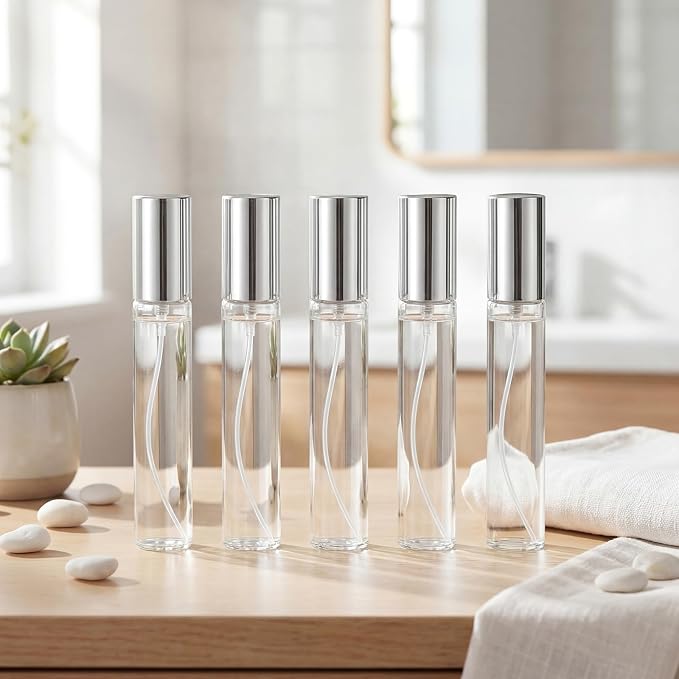 Yinder 25 Pcs 15ml Travel Spray Bottle Refillable Perfume Atomizer Bulk Glass Mini Cologne Perfume Bottles Empty Fine Mist Portable Small Sample Containers(Silver)
