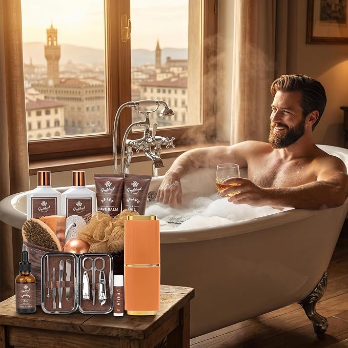21 Pcs Sandalwood Bath & Body Care Gift Basket Set for Men, Father's Day Gifts for Dad, Men Skin Care Gift Set, Leather Bag, Home Spa Kit, Birthday,Anniversary, Christmas, Boyfriend