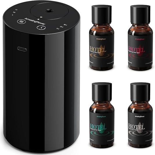 Waterless Essential Oil Diffuser Starter Kit with 4x10mL Hotel Scent Fragrance Oils, Rechargeable Mini Car Diffuser Scent Air Freshener Machine, Portable Aroma Diffuser for Home Car Office, Black