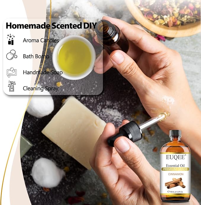 EUQEE Cinnamon Essential Oil 118ml Pure Essential Oil for Diffuser, Aromatherapy, DIY Soap, Candle Making - 4 Fl.Oz, Cinnamon,4 Fl Oz (Pack of 1)
