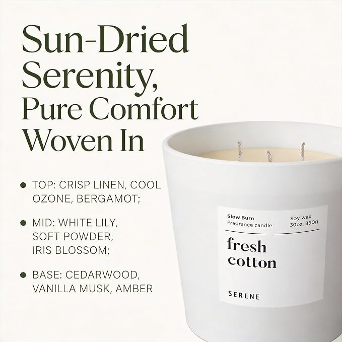 Hidden Label Fresh Cotton Scented Candle, Non Toxic 30oz Large 3-Wick Soy Wax Candle, Up to 120 Hours Long Burning, Clean Cotton Home Fragrance for Bedroom, Relaxation & Housewarming Gift