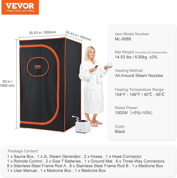 VEVOR Portable Steam Sauna Tent Full Size, 1000W Personal Sauna Kit for Home Spa, Detoxify & Soothing Heated Body Therapy, Time & Temperature Remote Control with Floor Mat