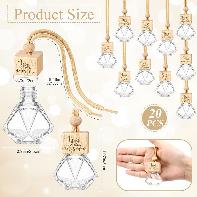 Funnymoom 20 Pcs Employee Appreciation Gifts Bulk Empty Car Diffuser Air Freshener Ornament Hanging Glass Essential Oil Bottle Thank You Gift for Staff Teacher Students Nutritionist