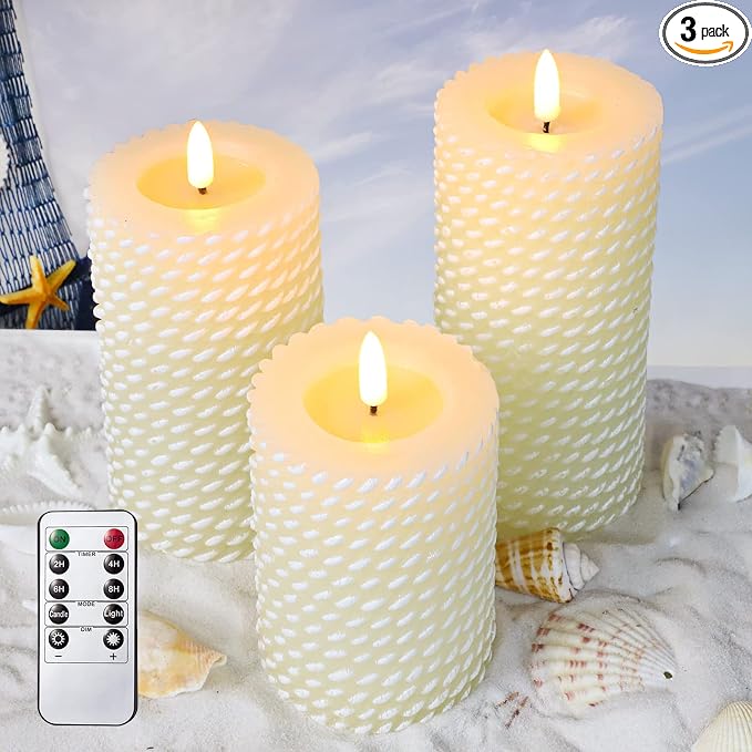 Flameless Candles Set of 3, White Real Wax Rope Theme Battery Operated LED Candles with Remote Control and Timer for Gift Home Festival Decor