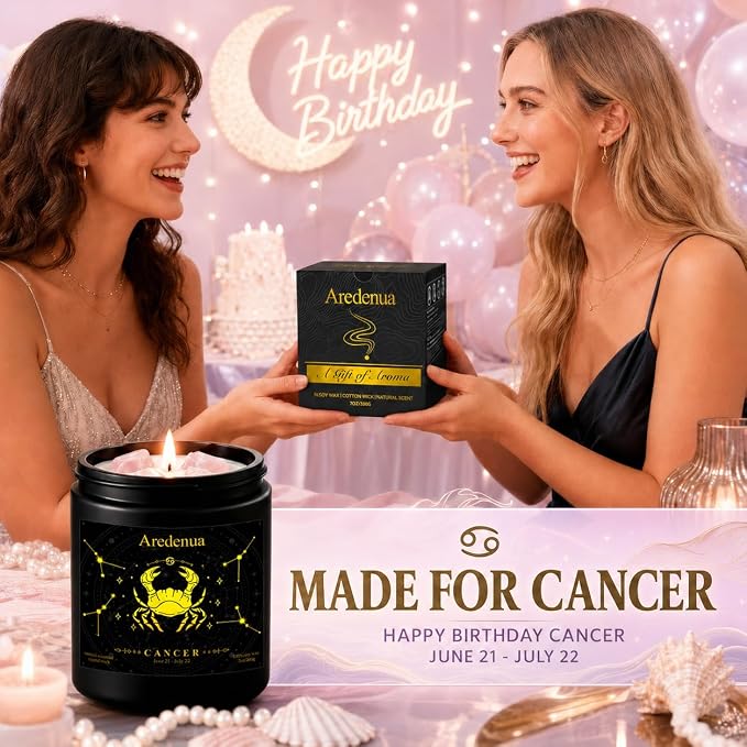 Cancer Birthday Gifts Candle | Zodiac Crystal Candles with Pink Opal Healing Crystals - Cashmere Lavender Scented Soy Candle, 7oz 50H Burn, Unique Spiritual Astrology Gifts for Women Men