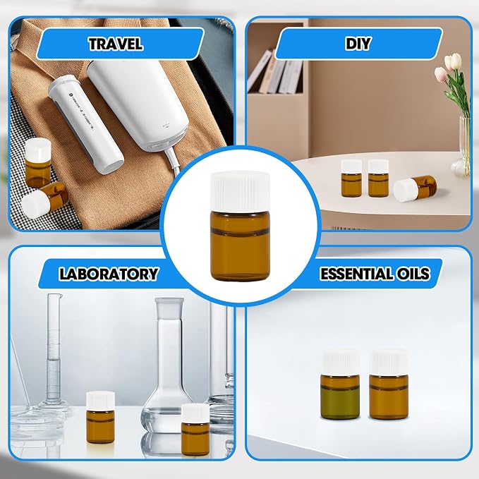 25PCS 2ml Amber Glass Vials with White Screw Caps and Plastic Stoppers, 1/2 Dram Leak-Proof Small Liquid Sample Bottles for Essential Oils, Perfumes, Reagents