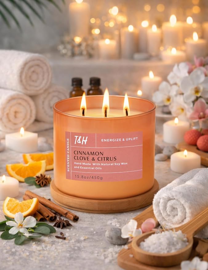 Cinnamon Clove Citrus 3-Wick Soy Candle | 15.8 oz Large Scented Candle for Home | Clean Burn Long Lasting | Spiced Lemon Lime Scent | Gift Ready