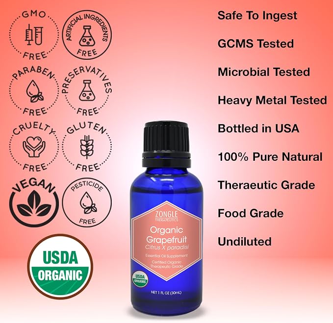 Organic, Grapefruit Essential Oil, Food Grade – 100% Pure, Grapefruit Oil, by Zongle Therapeutics, 1 OZ