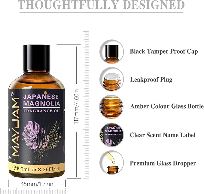 MAYJAM 100ML/3.38FL.OZ Japanese Magnolia Fragrance Oils with Glass Dropper, Essential Oils for Diffusers, Long Lasting Scented Oils for Soap Candle Making