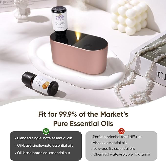 Lecdura Waterless Diffuser for Essential Oil, Battery Operated Scent Air Aromatherapy Diffuser, Mini Aroma Diffusers with 3 Intermittent Mist Modes, Cycle Start for Home Office Bedroom - Rose Gold