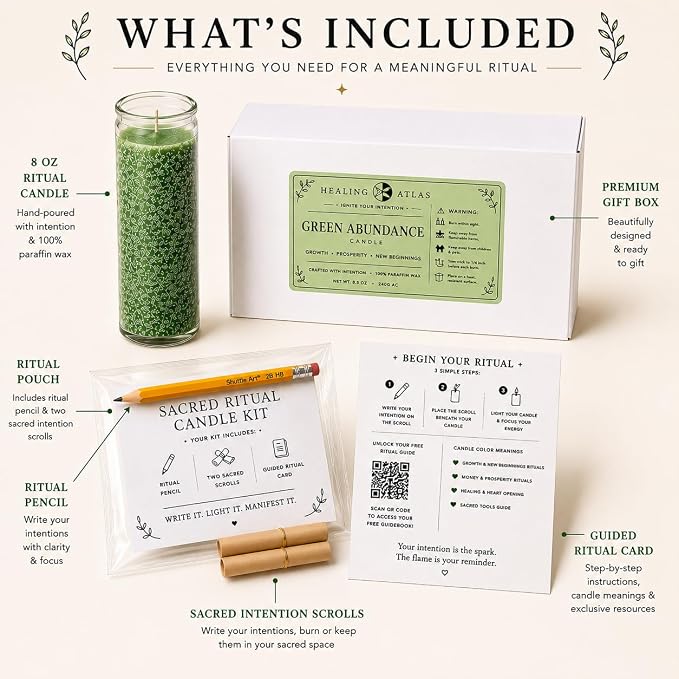 Green Abundance Manifestation Candle Kit – 8" Ritual Prayer Candle with Intention Scrolls, Pencil & QR Guide for Prosperity, Wealth, Success & Abundance