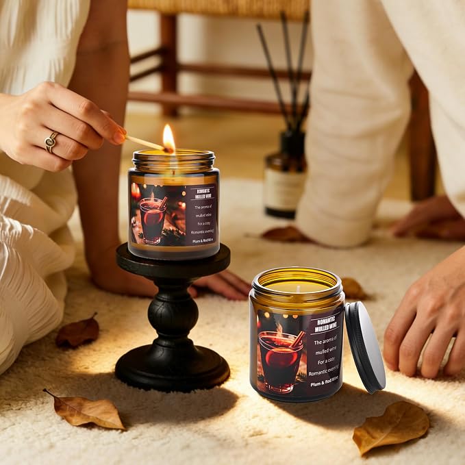 Mulled Wine Plums Candles for Romantic Gifts, 40 Hours Burn Soy Candle Gift for Women Stress Relief, Meditation, Yoga, Relaxing, Natural Soy Wax for Men and Women, 8oz