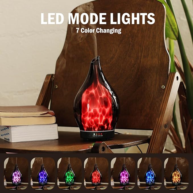 Porseme 150ml Essential Oil Diffuser Hand-Blown Glass Aroma Diffusor, Aromatherapy Unltrasonic Cool Mist deffuser, 7 Color Changing, Waterless Shut-Off, Timer Function for Home Office(Lava)