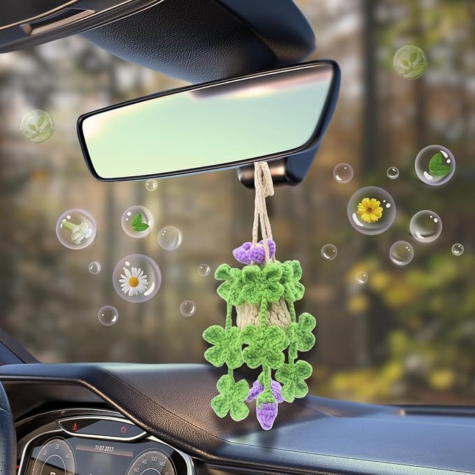 ROFIGL Handmade Crochet Hanging Car Air Freshener - Lucky 4-Leaf Clover Charm with 12ml Refillable Glass Essential Oil Diffuser Bottle, St. Patrick's Day Car Accessories & Bedroom Lucky Decor
