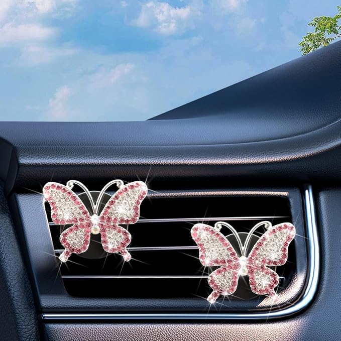 Bittwee 2PCS Bling Butterfly Car Freshener Air Vent Clips, Sparkling Crystal Rhinestone Auto Diffuser Clamps, Full Diamond Vehicle Interior Decoration Charm for Women Girls, Universal Fit（Pink）