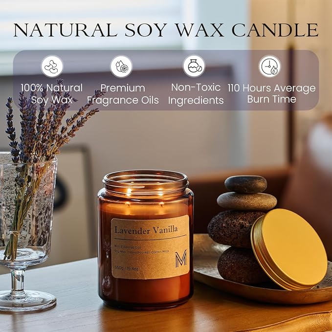 M&SENSE Lavender Vanilla Scented Large Candle, 19.4oz Aromatherapy Candle for Home Fragrance, Natural Organic Soy Wax Long-Lasting for Stress Relief, Yoga, Gifting for Birthday, Housewarming
