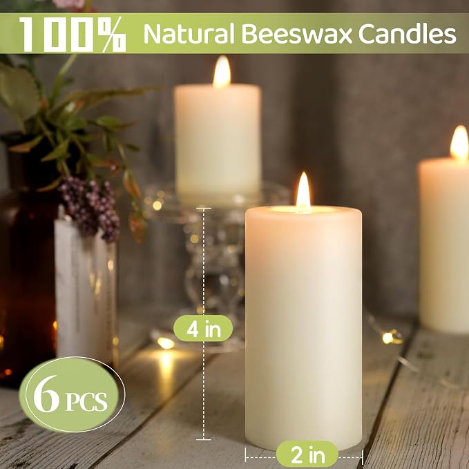 Beeswax Pillar Candles,Ivory White Unscented Candles -258 Hours Long Burning,100% Pure & Natural Bees Wax Candles for Home,Prayer,Dripless Smokeless Organic Pillar Candles Bulk-2x4in-6 Pack