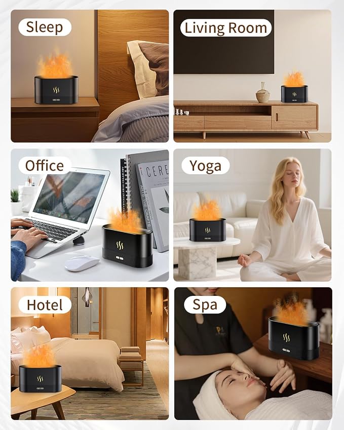 Flame Effect Essential Oil Diffuser, Ultrasonic Aromatherapy Humidifier, Upgraded 7 Color Changing Lights with Ultra Quiet, Auto Shut-Off for Bedroom Home Office Yoga & Gift (180mL, Black)
