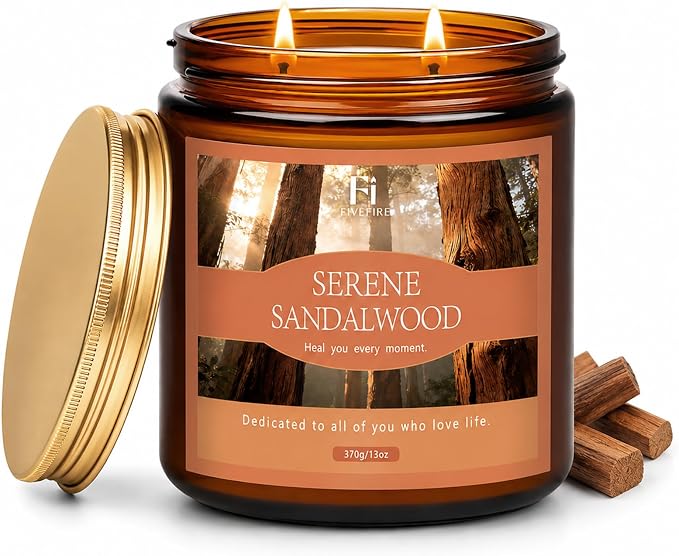 Sandalwood Scented Candles, 13 oz Soy Wax Candle with Cotton Wick, 76-Hour Clean Burning, Non-Toxic Woodsy Scent for Relaxation & Focus, Aromatherapy Candle, Housewarming Gift
