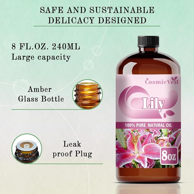 Lily Essential Oil for Aroma Diffuser,Humidifier,Home Fragrance,Cleaning,Body Care,Massage,Yoga,DIY Candle,DIY Soap CosmicVeil（Lily，8 Fl Oz (Pack of 1)）