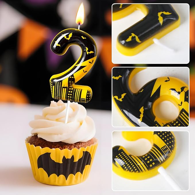 Black Yellow Number 2 Birthday Candle for Cake – Dark Night Hero Style with Bat & City Silhouette Design – Unique Cake Topper for Birthday, Anniversary, Themed Party Decoration