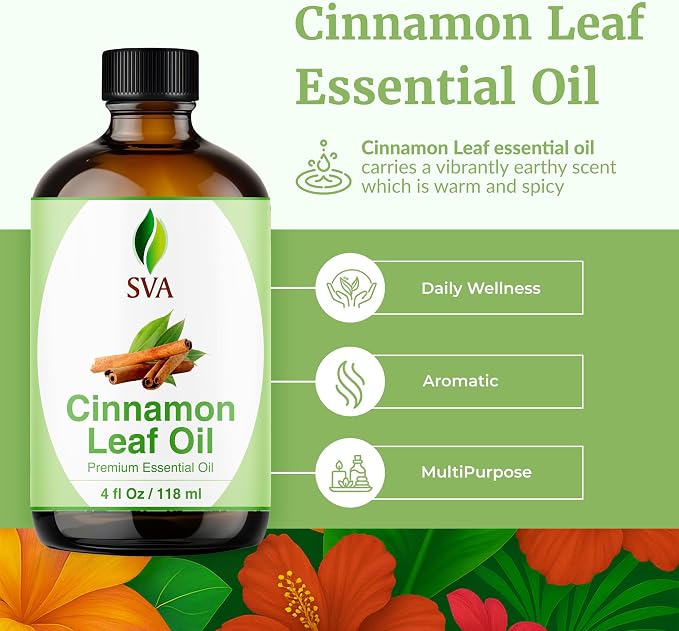 SVA Cinnamon Leaf Essential Oil 4 Fl Oz – for Diffuser, Skin & Hair Care – Ideal for Massage & DIY Blends – with Dropper