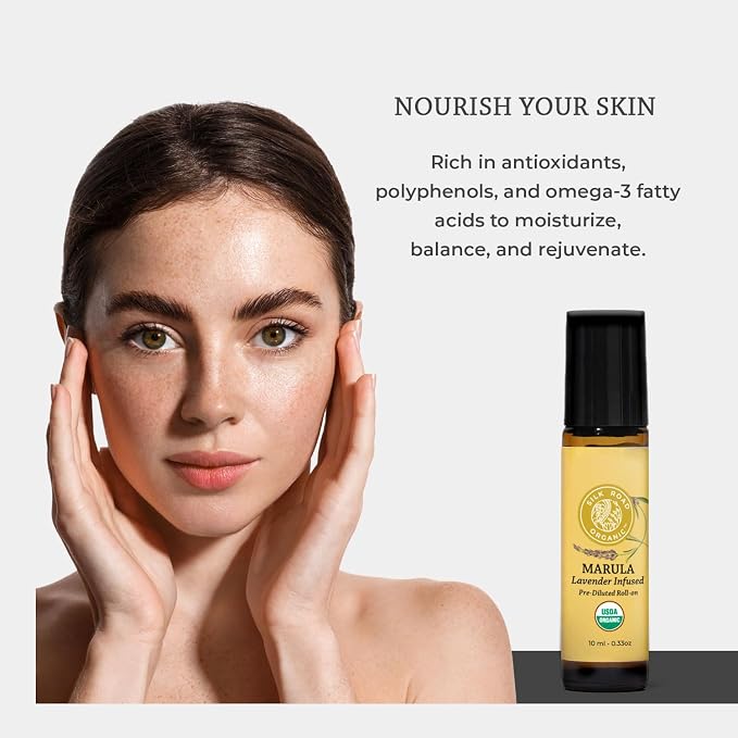 Silk Road Organic Marula Oil & Lavender Essential Oil Roll On, USDA Certified - Deep Hydration for Skin, Nails, Hair, Feet - 10 ml Aromatherapy Roller