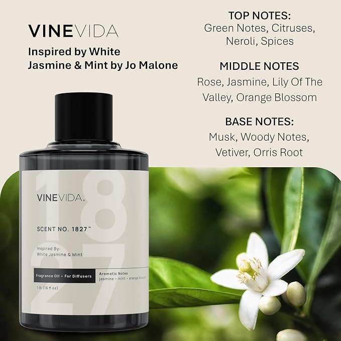 VINEVIDA [16 Oz] Inspired by: White Jasmine & Mint; Diffuser Oil Refill | Premium Scent Diffuser Oil for Home | Non-Toxic Fragrance