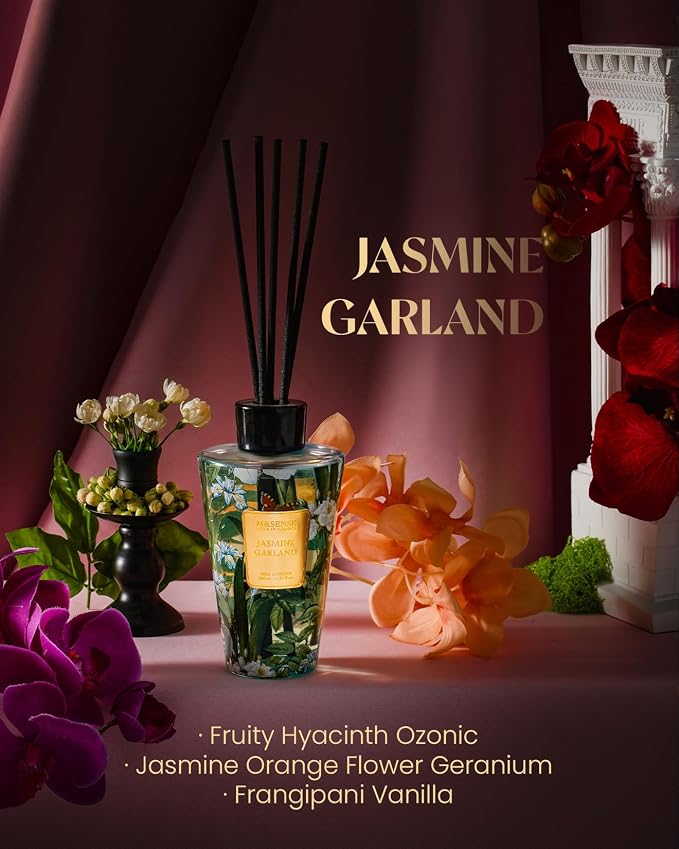 M&SENSE Jasmine Reed Diffuser with Sticks - 8.79fl oz Home Fragrance Non-Toxic Essential Oil Diffuser with Sticks, Air Freshner Gifts for Bedroom Bathroom Office