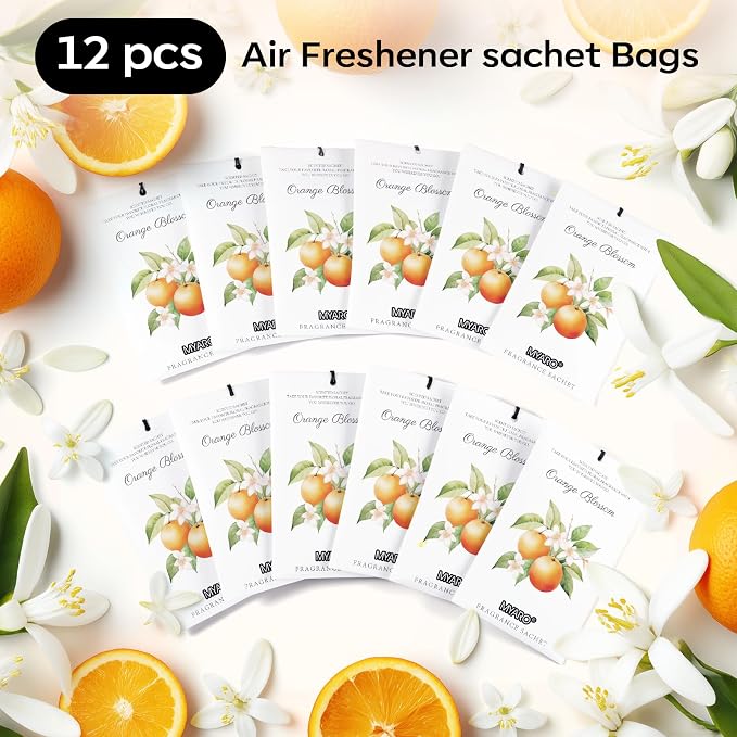 MYARO 12 Packs Orange Scented Sachets - Fragrance for Closet, Drawer, Bathroom, Car - Air Freshener Deodorizer Packets