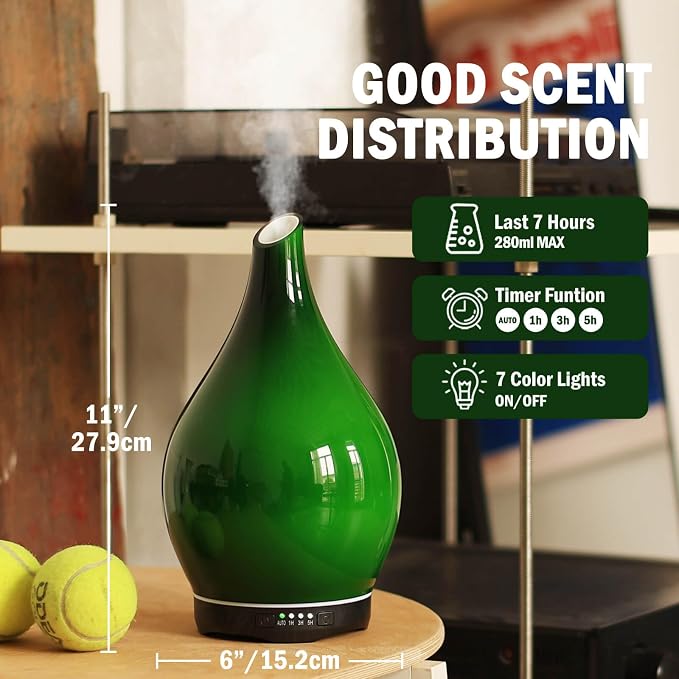 Porseme 280ml Essential Oil Diffuser Glass Color Changing Aroma Air Diffusers Aromatherapy Ultrasonic Cool Mist Humidifier 7 Running Hours Waterless Auto-Off for Sleeping Yoga Office Spa(Hulk Green)