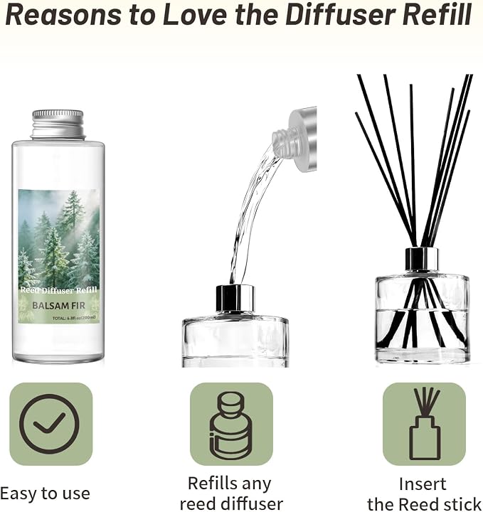 STRN Reed Diffuser Oil Refill, Balsam Fir Scented Diffuser Oil Refills with 6 Reed Sticks 200ML(6.8fl.oz), Room Fresheners for Home, Long-Lasting Summer Fragrance for Living Room, Bedroom, Office