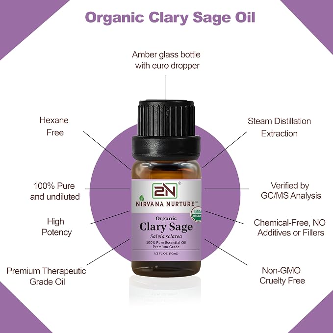 Clary Sage Essential Oil, USDA Certified Organic, 100% Pure Undiluted, Aromatherapy Oil for Diffuser, Hair & Skin Care