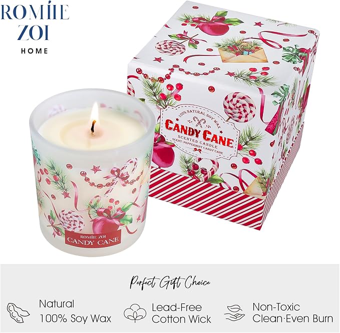 ROMIIE ZOI Christmas Scented Jar Candle - 6oz Soy Wax Candle - Candy Cane Infused with Peppermint Candy Cane Aroma - with Beautiful Keepsake Box Special for Holiday Gifts
