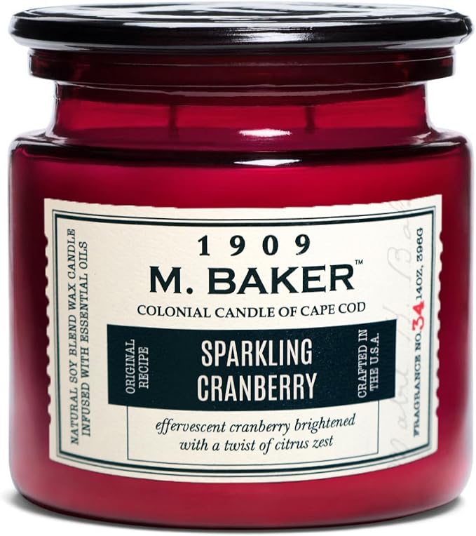 Colonial Candle Sparkling Cranberry Scented Candle, 2-Wick Natural Soy Blend Wax Candle Infused with Essential Oils, 14 oz Apothecary Glass Jar Candle - Made in The USA