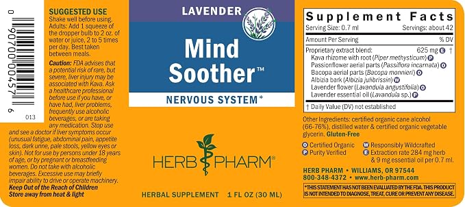 Herb Pharm Mind Soother: Lavender Liquid Herbal Formula with Noble Kava & Lavender Essential Oil for Nervous System Support, Calming & Relaxing, Vegan, Gluten-Free, Non-GMO, Up to 3 Week Supply, 1 oz*