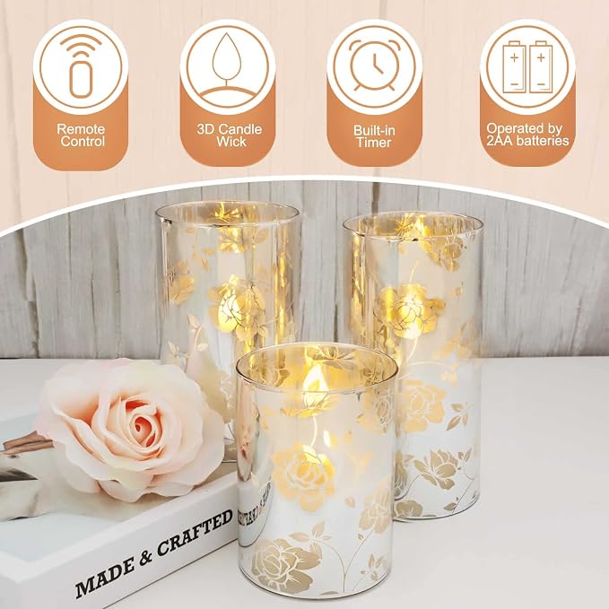 Floral Glass Flameless Candles Rose Romantic Battery Operated Candles with Remote Flickering LED Silver Real Wax Pillar Candle for Valentine's Day Wedding Party Home Christmas Decor, Set of 3