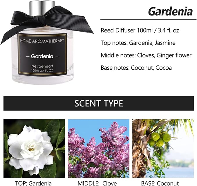 Reed Diffuser Set,Gardenia Reed Diffuser Gifts for Women,3.4oz(100ml) Reed Diffuser with Sticks, Home Fragrance Reed Diffuser for Living Room, Office & Bathroom Shelf