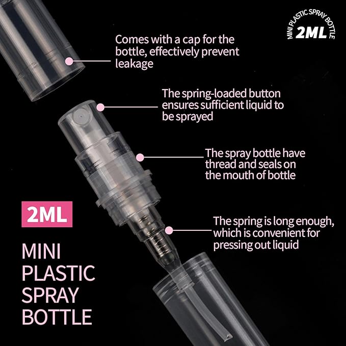 Fandamei Mini Spray Bottle, 10 Pack 2ml Mini Plastic Spray Bottle Empty, Fine Mist Refillable Perfume, Small Perfume Spray Bottle, Tiny Plastic Portable Travel Bottle, Clear