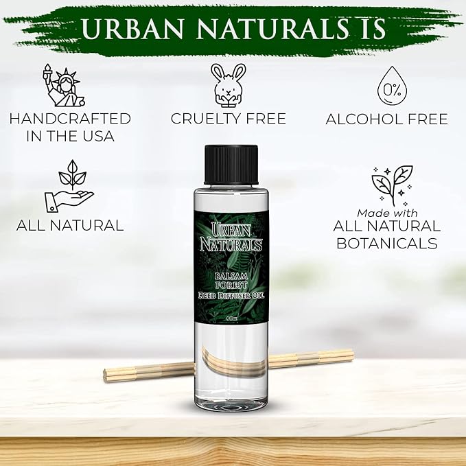 Urban Naturals Balsam Forest Oil Reed Diffuser Refill + Free Set of Reed Sticks - Fragrance Notes of Pine Fir Needles, Evergreen, Woodsy Cedar and Sandalwood – Vegan, 4 oz Made in the USA