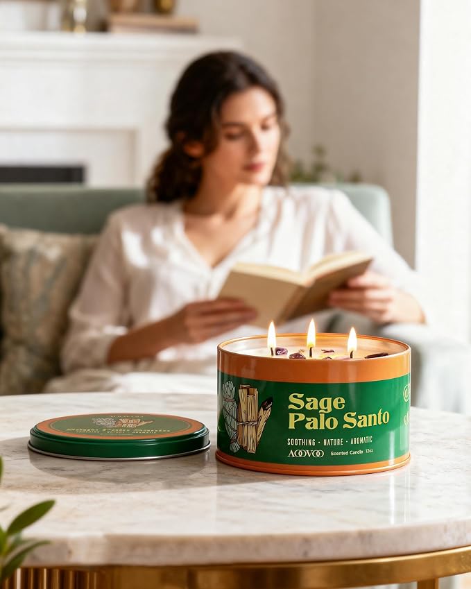 AOOVOO Sage & Palo Santo Candle for Cleansing - 3 Wick 12oz Large Scented Candle with Crystals & Sage & Palo Santo Inside, Soy Candle Non-Toxic for Meditation Spiritual Healing Gift